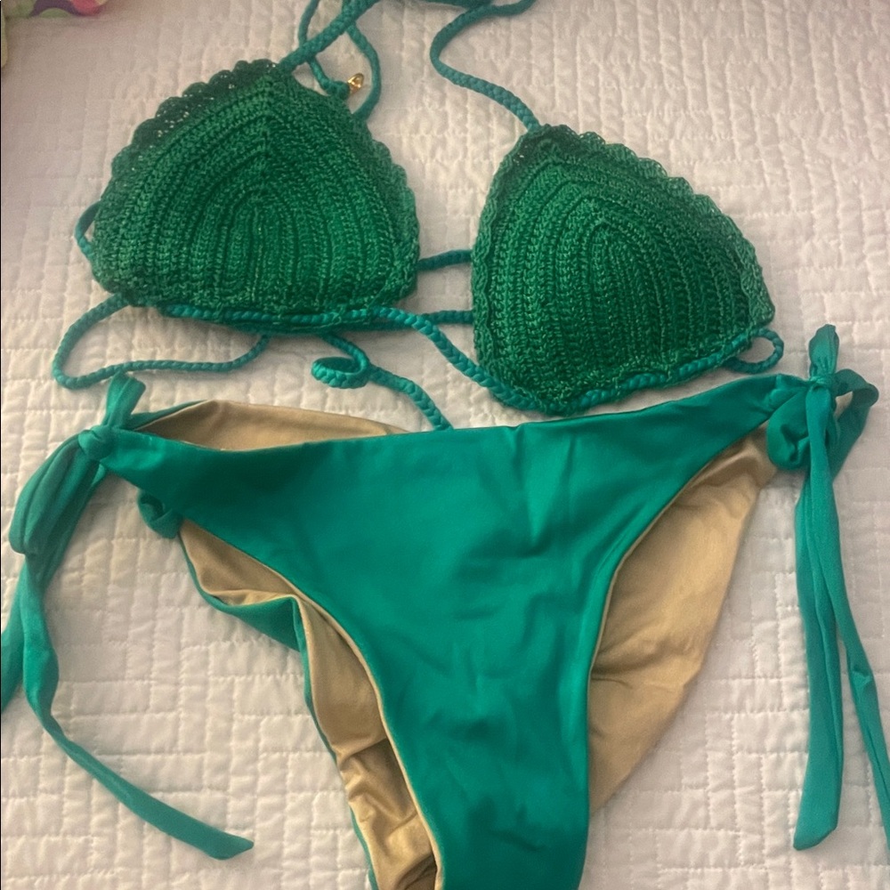 Green Crochet Triangle Bikini Set - Women's Tie-Side Swimwear